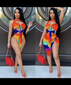 stylish hollow out sleeveless color spliced two piece set