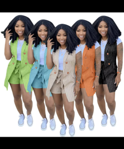 stylish sleeveless botton up blazer shorts and casual striped two piece set