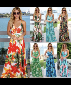stylish bohemian spaghetti strap tropical floral long  casual dress