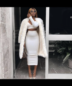 stylish ripped V-neck long sleeve Bodycon two piece long white casual dress