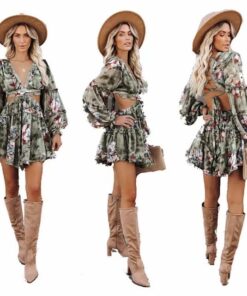 stylish casual V-neck ruffled long sleeve backless women vacation floral printed summer dress