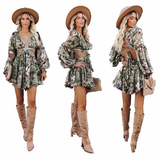 stylish casual V-neck ruffled long sleeve backless women vacation floral printed summer dress