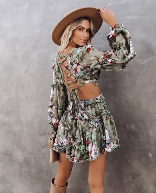 stylish casual V-neck ruffled long sleeve backless women vacation floral printed summer dress - Image 4