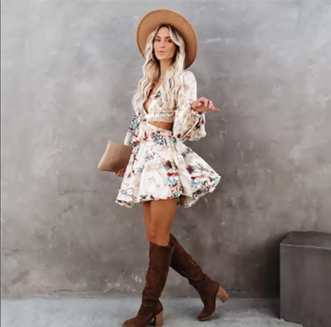stylish casual V-neck ruffled long sleeve backless women vacation floral printed summer dress - Image 2