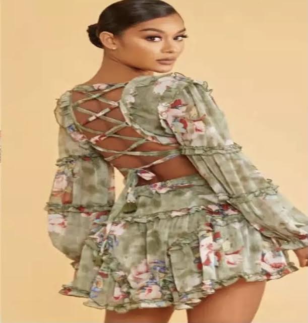 stylish casual V-neck ruffled long sleeve backless women vacation floral printed summer dress - Image 11