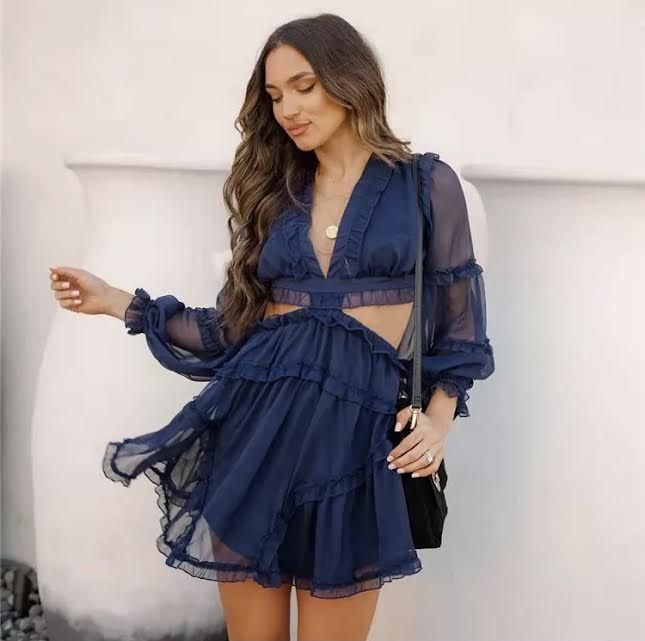 stylish casual V-neck ruffled long sleeve backless women vacation floral printed summer dress - Image 10