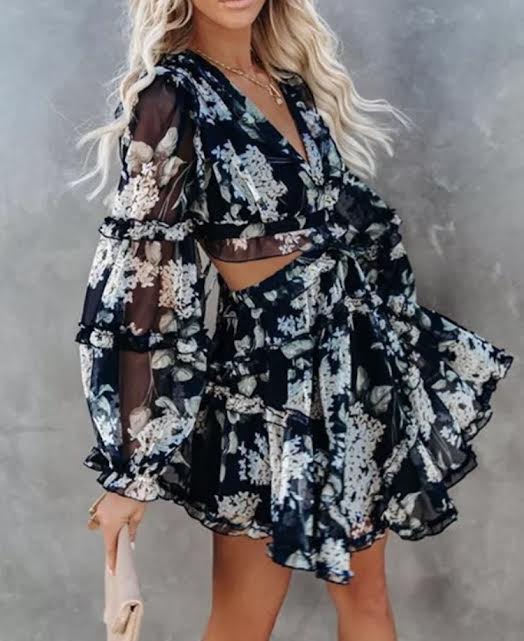 stylish casual V-neck ruffled long sleeve backless women vacation floral printed summer dress - Image 13