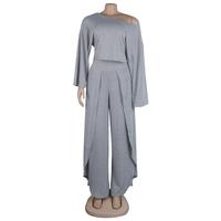 Oblique Shoulder Long-Sleeve Crop Top And Casual Split Pants Solid Color Two Piece Sets