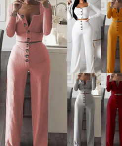 S-2XL Women Fashion Solid Color Single-Breasted Top And Pants Two Piece Set