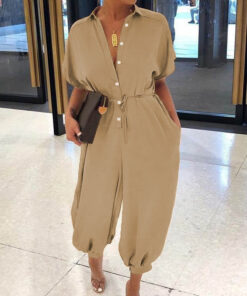 Women Sexy V-Neck Button Lace-Up Jumpsuit Loose Leopard Print Pocket Rompers