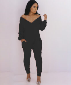 Women Solid Color V-Neck Long-Sleeved Waist Fashion Casual Jumpsuit