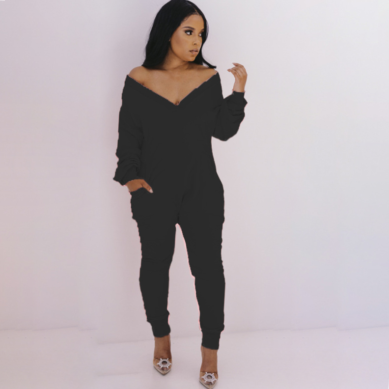 Women Solid Color V-Neck Long-Sleeved Waist Fashion Casual Jumpsuit