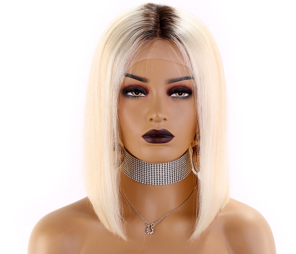 Brazilian 13x2 CM Middle Part 613 Blonde Ombre Bob Lace Front Human Hair Wig With Dark Roots - Image 2