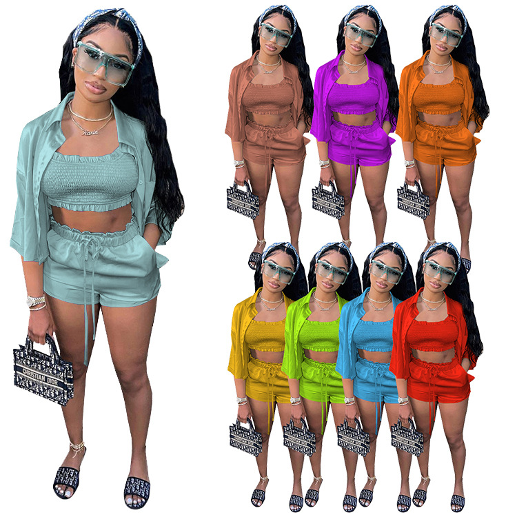 fancyNflawless 3 piece fancy shorts set with mini tank top button up blouse and shorts that tie in the front