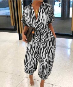 Women Sexy V-Neck Button Lace-Up Jumpsuit Loose Leopard Print Pocket Rompers