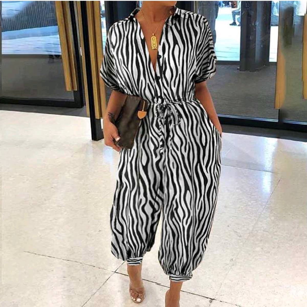 Women Sexy V-Neck Button Lace-Up Jumpsuit Loose Leopard Print Pocket Rompers