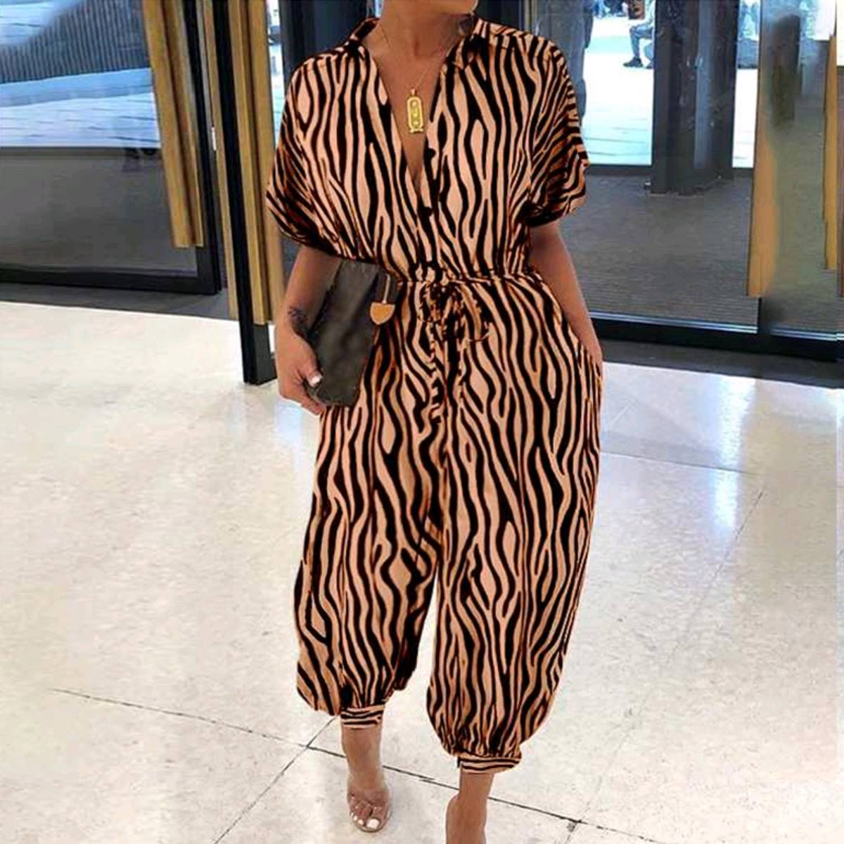 Women Sexy V-Neck Button Lace-Up Jumpsuit Loose Leopard Print Pocket Rompers - Image 2