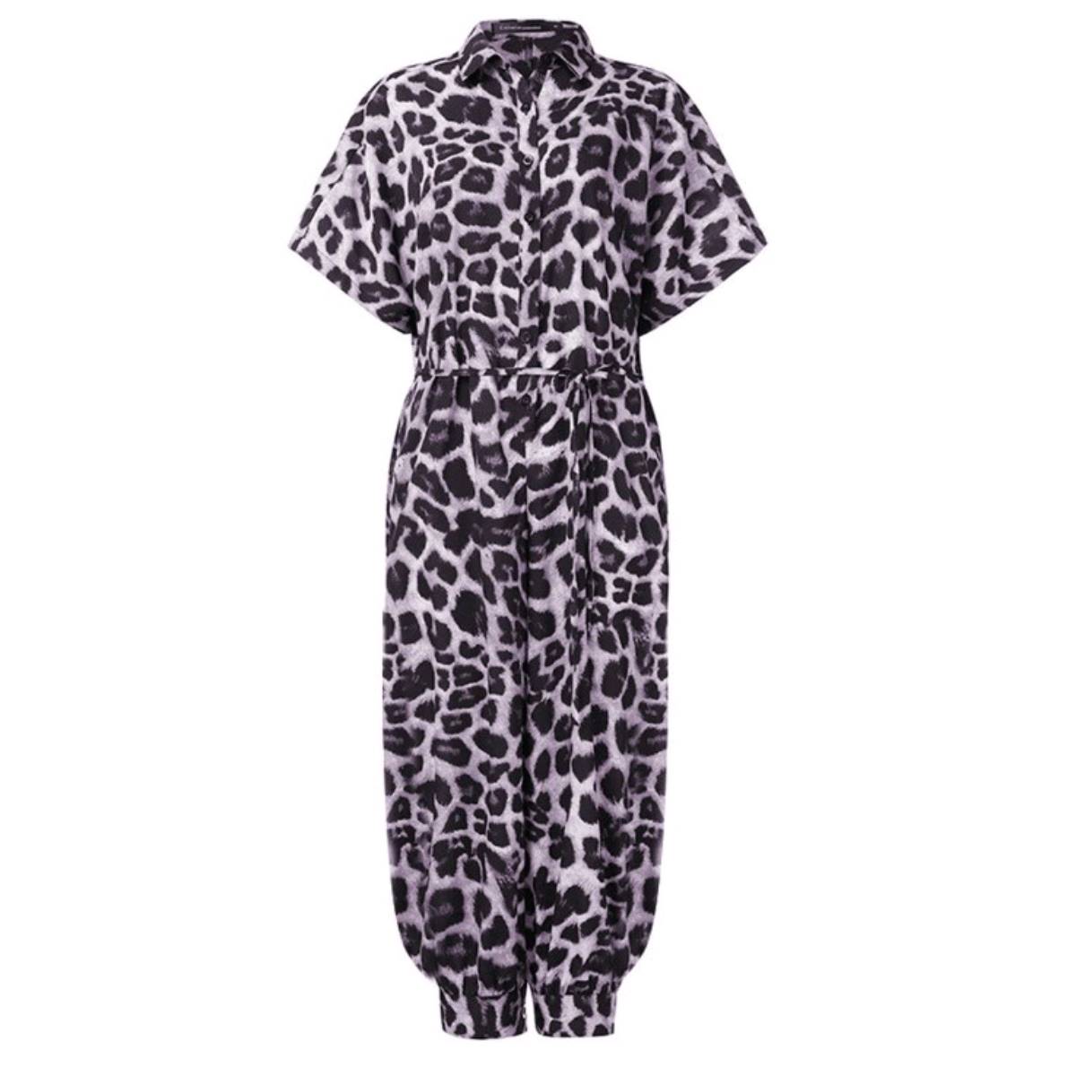 Women Sexy V-Neck Button Lace-Up Jumpsuit Loose Leopard Print Pocket Rompers - Image 3