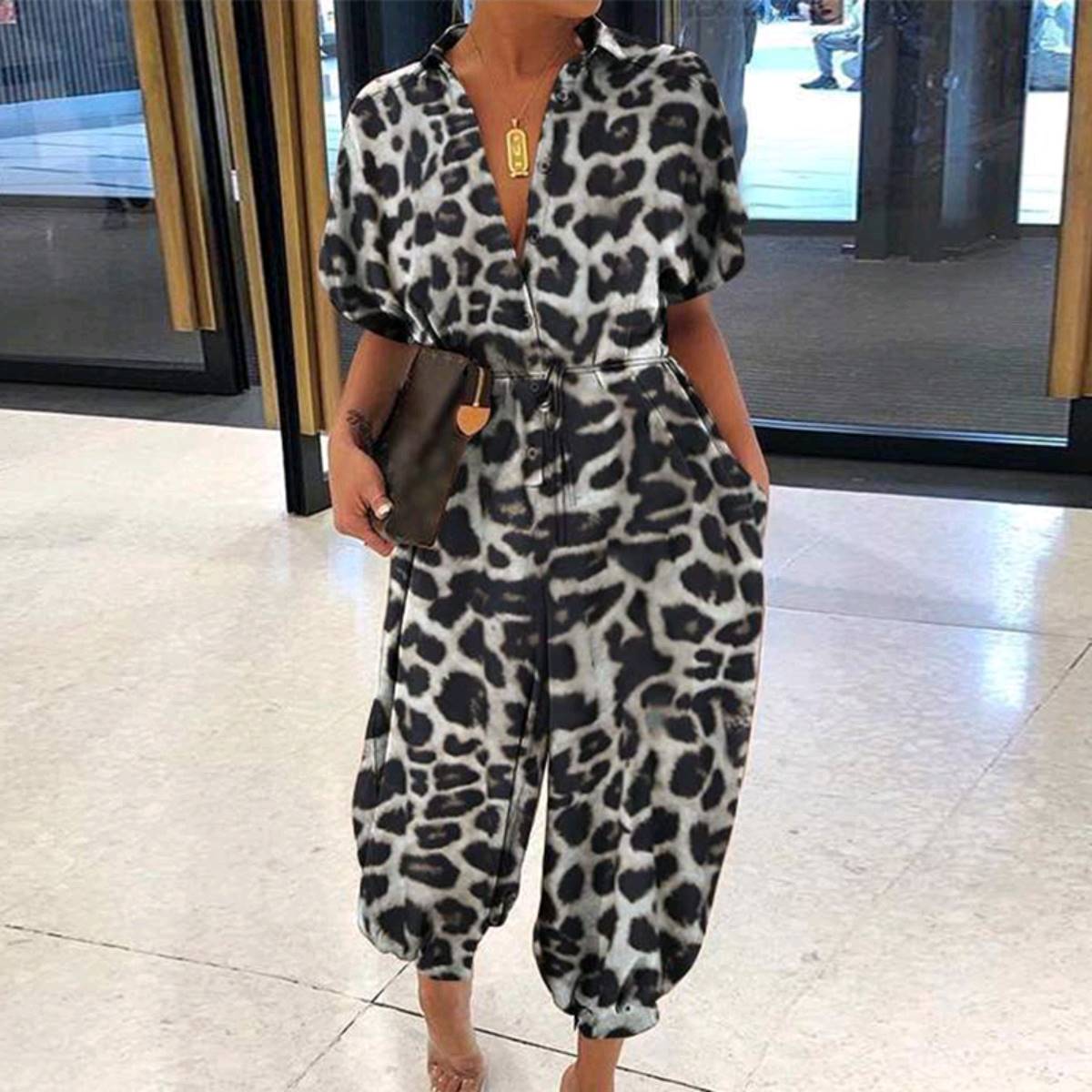 Women Sexy V-Neck Button Lace-Up Jumpsuit Loose Leopard Print Pocket Rompers - Image 4