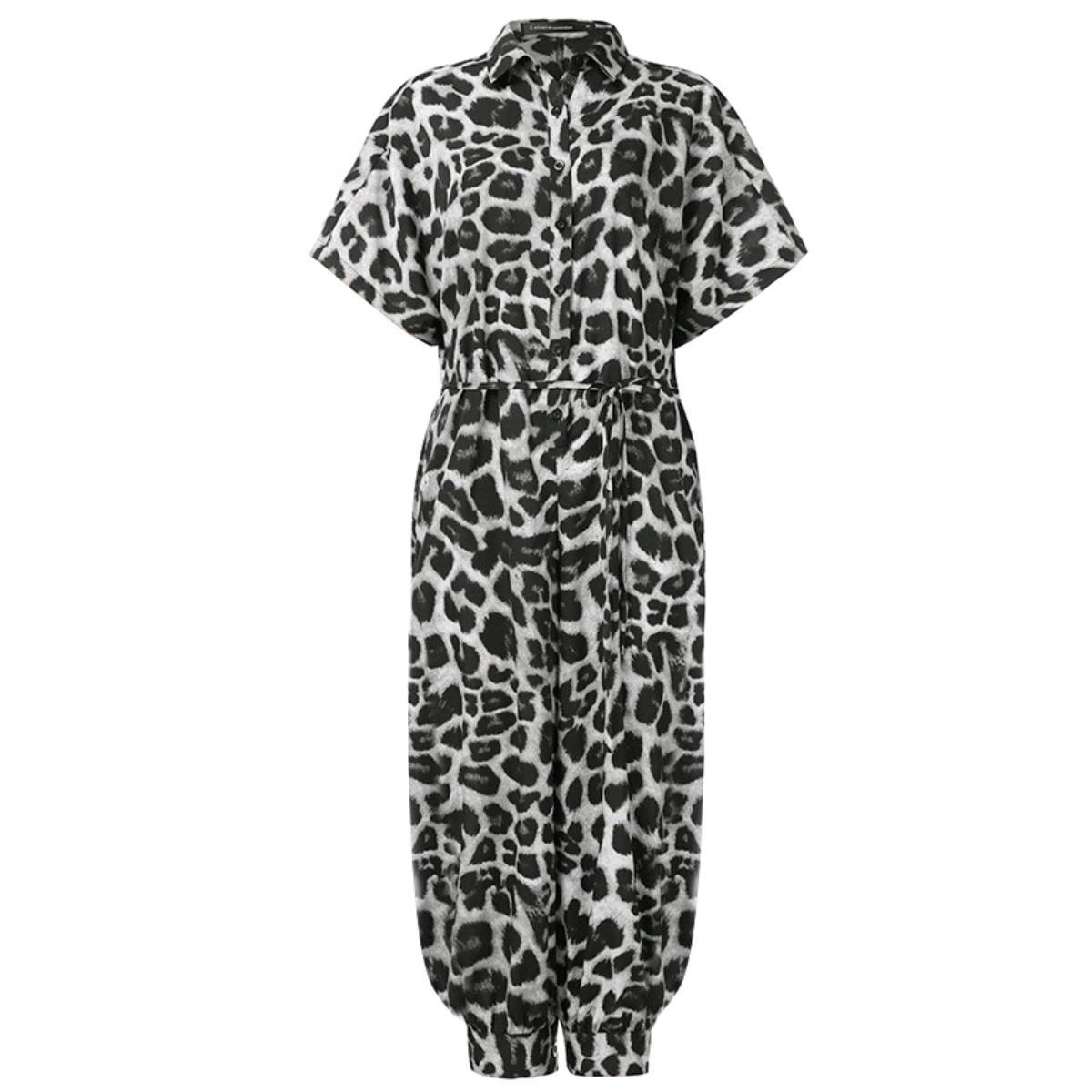 Women Sexy V-Neck Button Lace-Up Jumpsuit Loose Leopard Print Pocket Rompers - Image 13
