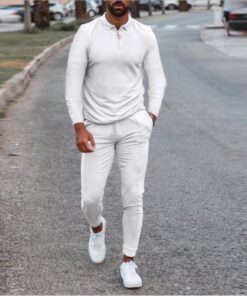 Men'S Casual Lapel Long-Sleeved Solid Color Sports Polo Shirt And Trousers Two-Piece Set
