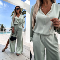 Women Solid Satin V-Neck Long Sleeve Top And Wide Leg Slit Pants Two Piece Set