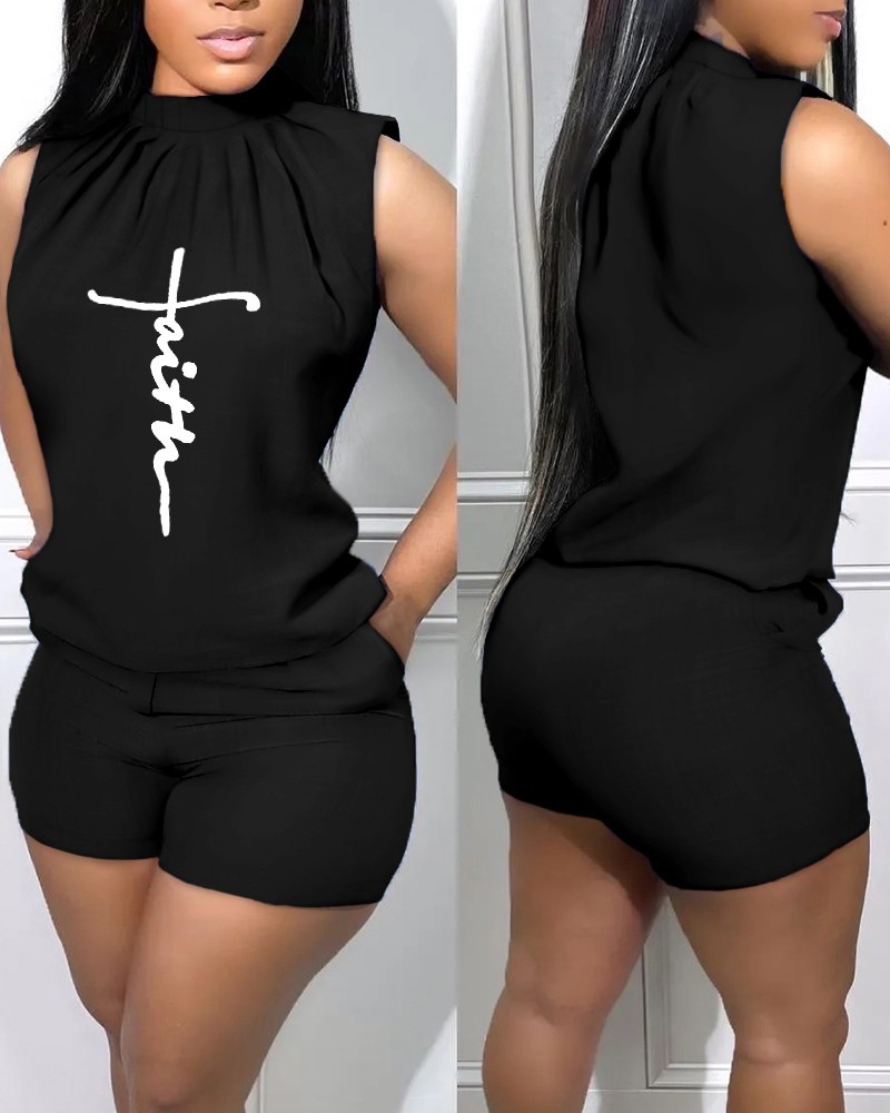 Women Fashion Casual Graphic Print Sleeveless Top And Shorts Two-Piece Set - Image 2