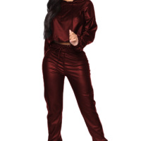 Women Solid Color Pu Hooded Long Sleeve Top And High Waist Pants Casual Fashion Two-Piece Set - Image 2