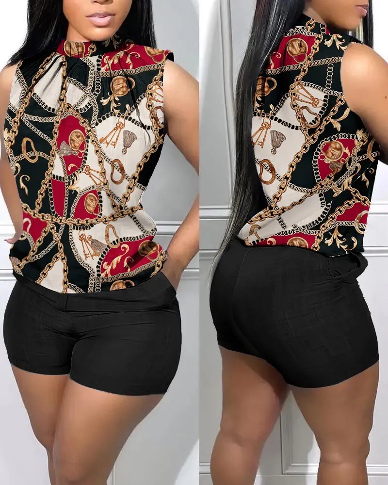 Women Fashion Casual Graphic Print Sleeveless Top And Shorts Two-Piece Set - Image 3