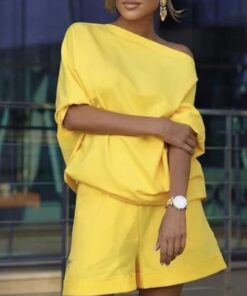 Fashion Casual Women Solid Color Long-Sleeved Cool-Shoulder Top Fashion Shorts Sets