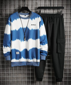 Men Plus Size Casual Long Sleeve Round Neck Gradient Sweatshirt And Drawstring Waist Jogger Pants Two-Piece Set