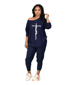 Women Casual Round Neck Fashion Peace Faith Letter Printing Top And Pants Two-Piece Set