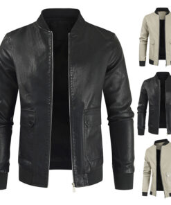 Men'S Casual Stand Collar Zipper Large Pocket Pu Jacket
