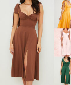 Summer Women Sexy V-Neck Sleeveless Solid Color Satin Casual High Waist Bowknot Dress