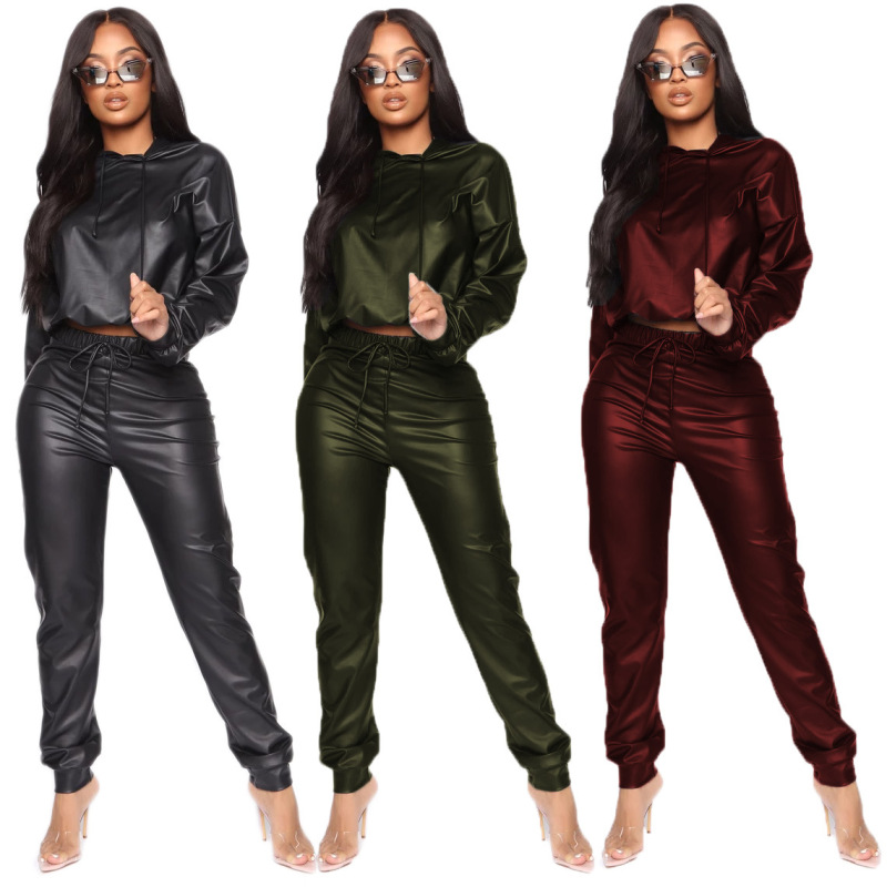 Women Solid Color Pu Hooded Long Sleeve Top And High Waist Pants Casual Fashion Two-Piece Set - Image 8