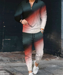 Men'S Casual Printed Lapel Long-Sleeved Sports Polo Shirt And Trousers Two-Piece Set