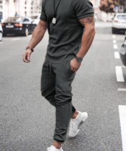 Men'S Fashion Round Neck Short Sleeve Solid Color T-Shirt And Trousers Two-Piece Set