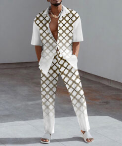 Men'S Fashion Lapel Short Sleeve Printed Shirt And Trousers Two-Piece Set