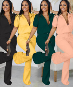 Women'S Spring And Summer Short-Sleeved Zipper Jacket Bell-Bottom Pants Casual Two-Piece Suit