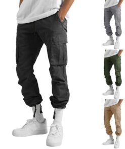 Men'S Casual Solid Color Lace-Up Multi-Pocket Trousers