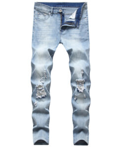 Men Casual Elastic Ripped Slim Jeans