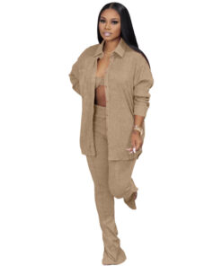 Women Solid Bra And Shirt Lapel Long Sleeve Top And Slit Pants Casual Three Piece Set