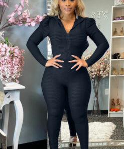 Women Solid Color Hooded Long Sleeve Zipper Top And Pants Fashion Two-Piece Set