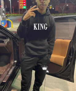 Men Casual Hooded Loose Crown Print Hoodies And Pants Two-Piece Set