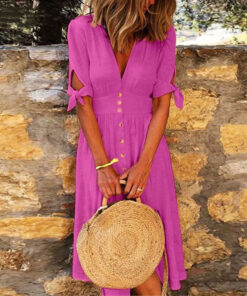 Women Casual Vacation Solid Color V-Neck Knotted Half-Sleeved Midi Dress