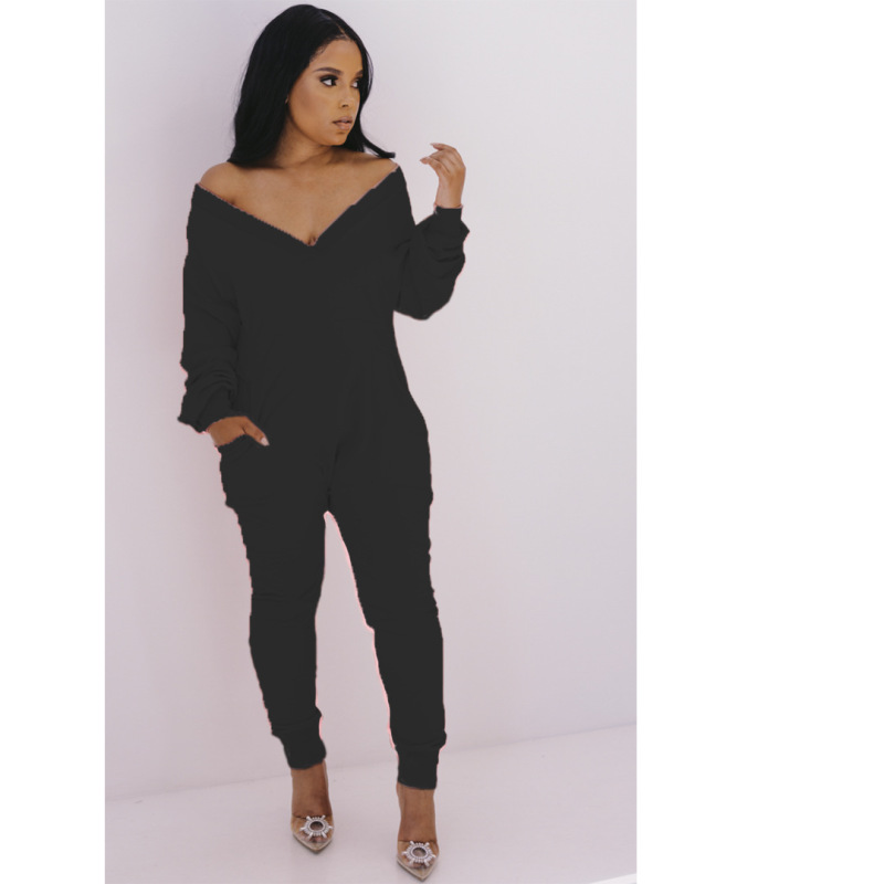 Women Solid Color V-Neck Long-Sleeved Waist Fashion Casual Jumpsuit - Image 7