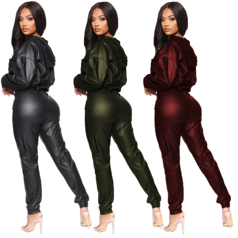 Women Solid Color Pu Hooded Long Sleeve Top And High Waist Pants Casual Fashion Two-Piece Set - Image 4