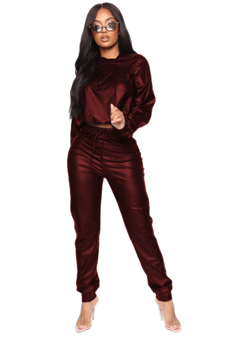 Women Solid Color Pu Hooded Long Sleeve Top And High Waist Pants Casual Fashion Two-Piece Set - Image 7